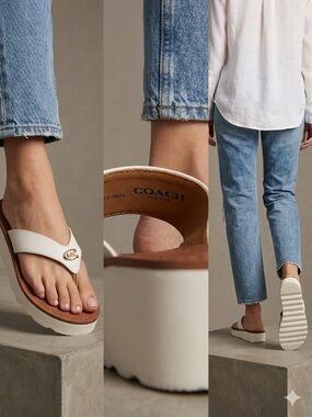Coach White Leather Platform Thong Sandals with Brown Footbed